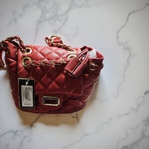 NWT Badgley Mischka Mini Red Quilted Backpack with Chain Straps and logo clasp